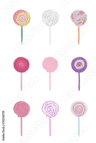 Colorful lollipops stacked on top of each other, form a sweet and colorful display. The various flavors and designs of the candies create an eye-catching arrangement