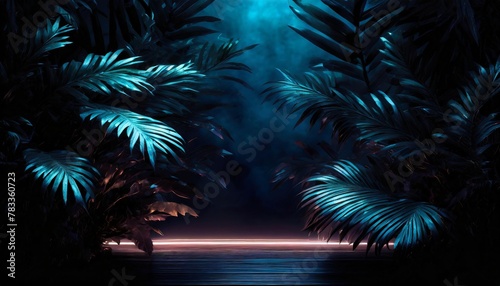 night neon empty background tropical leaves generation ai