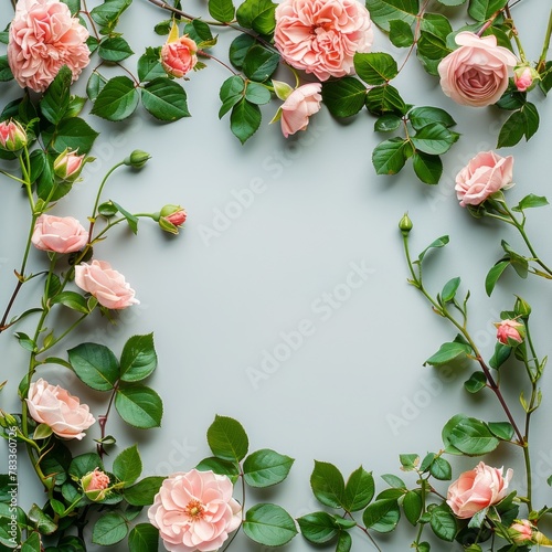 Pink Roses and Green Leaves on Gray Background