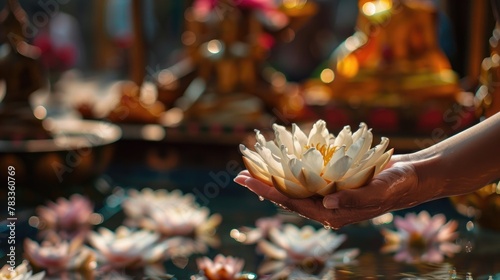 Hands Offering Lotus Flower for Vesak Day. Hands gently cradle a blooming pink lotus flower, symbolizing purity and enlightenment for Vesak Day