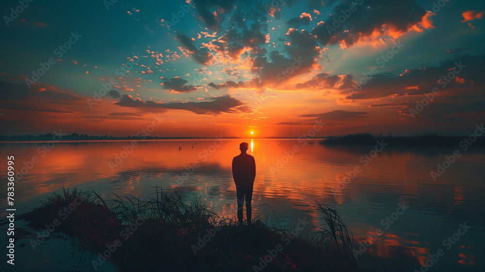 A man stands on a grassy bank overlooking a lake at sunset
