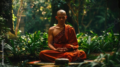 Monk in Deep Meditation in Forest. A young monk sits in deep meditation among the lush greenery of a forest, embodying peace and the search for spiritual enlightenment. Vesak Day