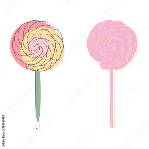 Two colorful lollipops are positioned on top of each other, showing a simple and playful arrangement