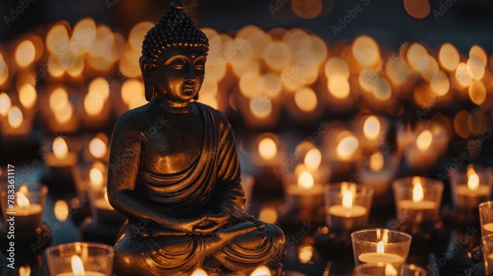 Buddha Statue Illuminated by Candles. A serene Buddha statue is dramatically illuminated by hundreds of candles, creating an ambience of reverence and stillness, ideal for Vesak Day observance