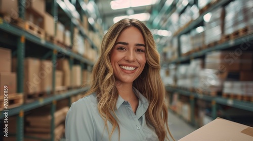 old business woman beauty smiling, blonde hair latina, handling large boxes in a self-storage facility 