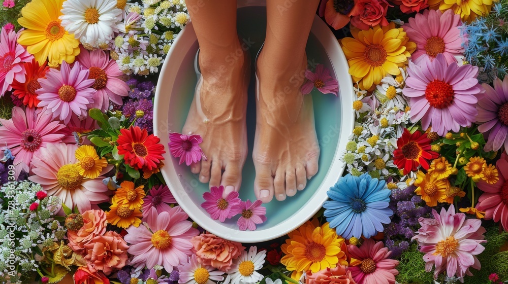 Womans Feet Soaking in Bowl of Water Among Flowers Womans Feet Soaking in Bowl of Water Among Flowers