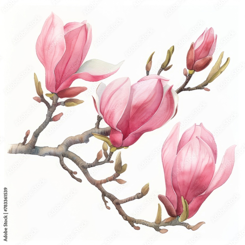 Fototapeta premium A watercolor painting of a delicate magnolia branch, capturing the essence of spring with its soft pink blooms. Isolated on white