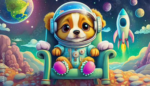 oil painting style CUTE BABY DOG Astronaut sitting in a lawn chair on the moon with earth rising over the horizon, © stefanelo