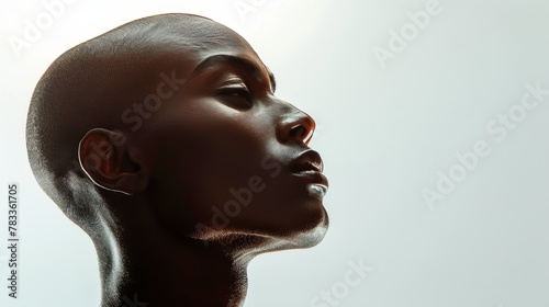 An artistic close-up of a bald man's profile, with the contours of his face a...