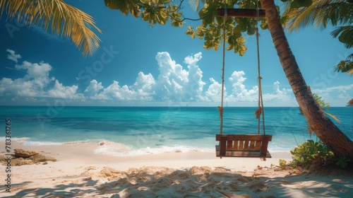 Swing Hanging From Palm Tree on Beach