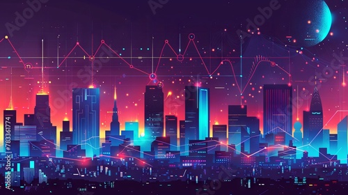 Futuristic cityscape with glowing neon lights and data charts. Neon-lit skyline with statistical graphs overlay. Concept of smart city, data analytics, urban technology, and futuristic finance.