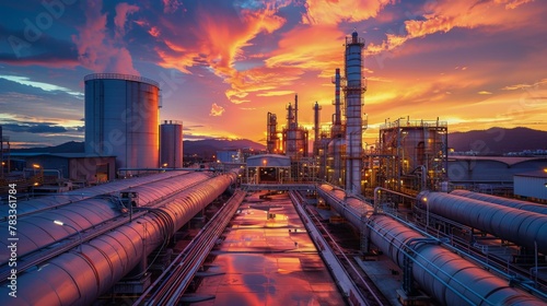 Industrial Factory With Pipes and Tanks at Sunset