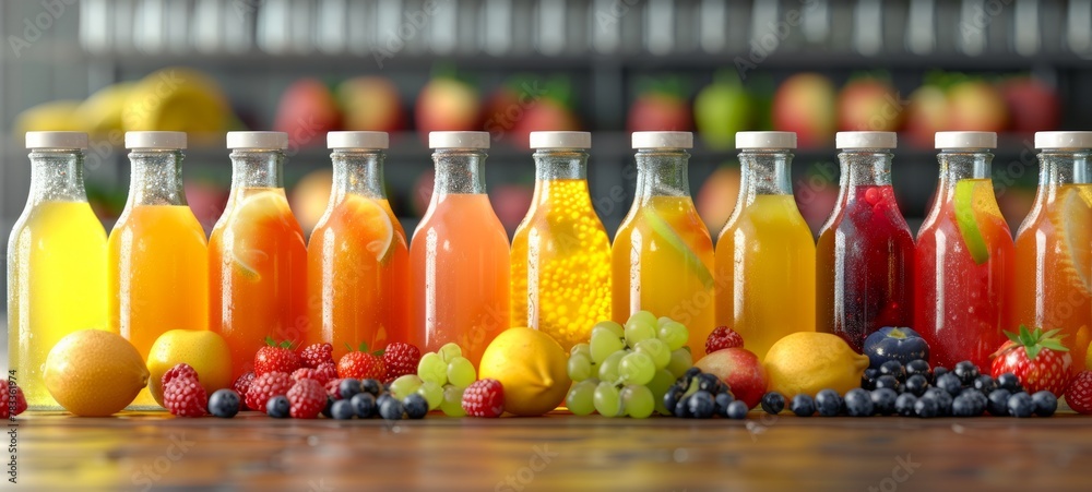 Assorted fruit juices in glass bottles with fresh fruits. Variety of juice flavors on wooden table. Concept of healthy beverages, natural refreshment, fruit variety, and colorful presentation.