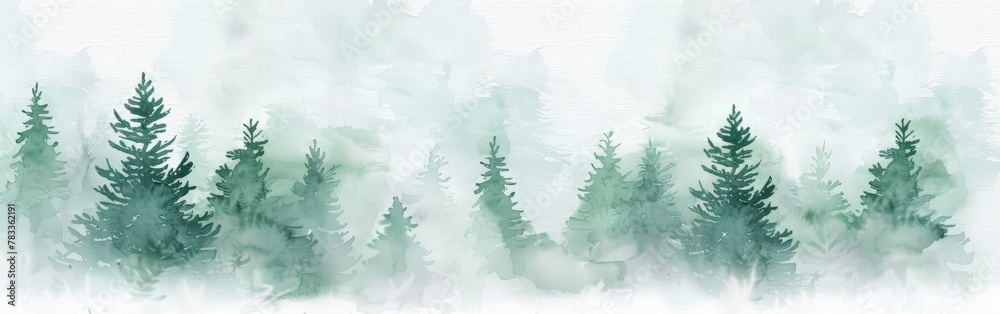 Misty forest trees watercolor painting