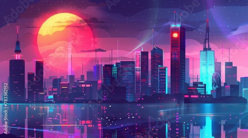 Futuristic cityscape with skyscrapers. Illuminated skyscrapers against twilight sky. Concept of urban development, city life, modern architecture, and metropolitan nightscapes.