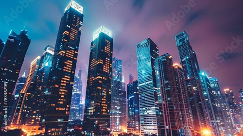 Futuristic cityscape with skyscrapers. Sunset over a modern city skyline. High-rise buildings against a vivid evening sky. Concept of urban development, city life, architectural beauty. Digital art