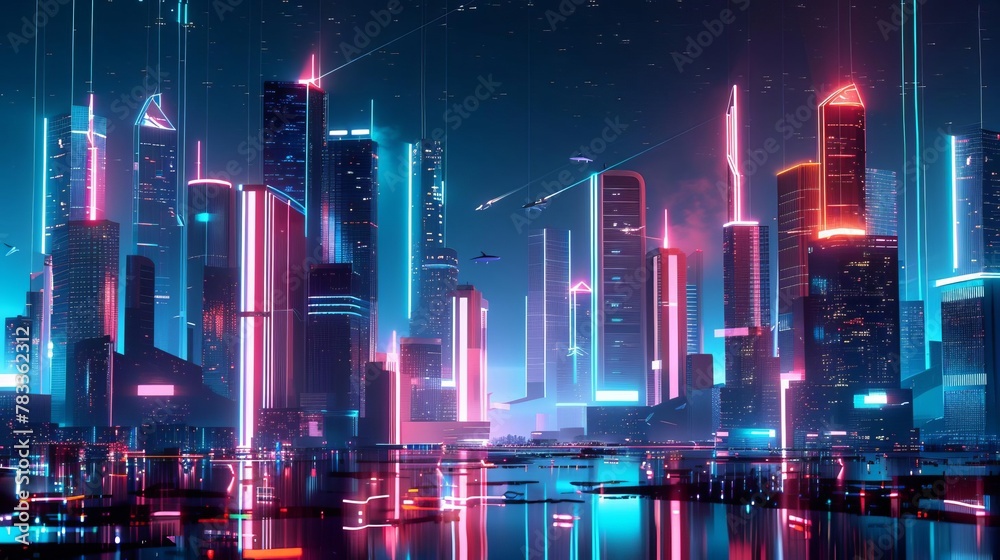 futuristic digital art illustration of a sleek cyberpunk cityscape at night with glowing neon lights towering skyscrapers and flying vehicles