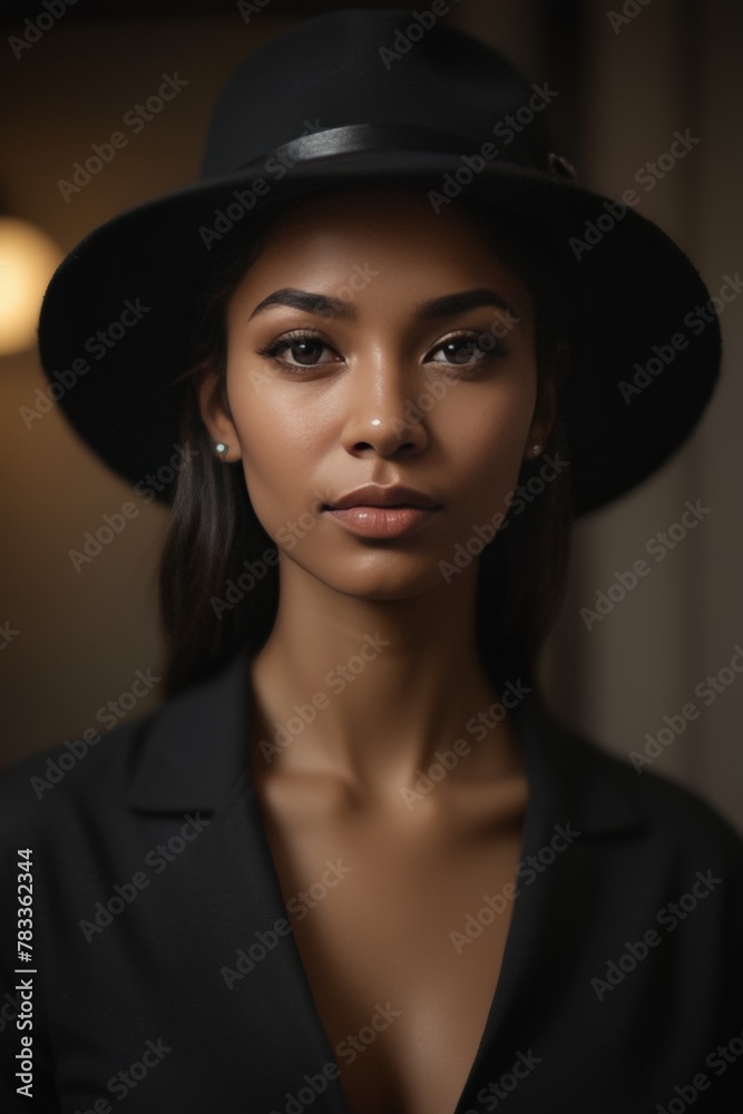 Elegant portrait of a young woman in black hat and blazer against dark background. Dramatic lighting emphasizes facial features. Professional fashion aesthetic. Elegant portrait of a young woman in black hat and blazer against dark background. Dramatic lighting emphasizes facial features. Professional fashion aesthetic.