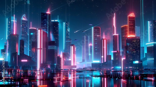 futuristic digital art illustration of a sleek cyberpunk cityscape at night with glowing neon lights towering skyscrapers and flying vehicles