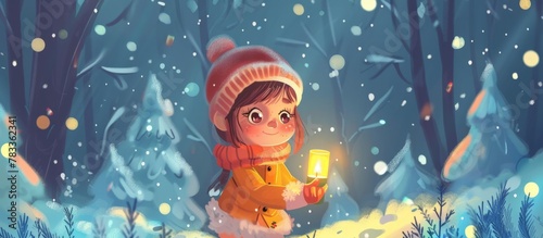 Amongst snow-covered trees, a young girl is seen holding a lantern, casting a warm glow in the wintry forest surroundings.