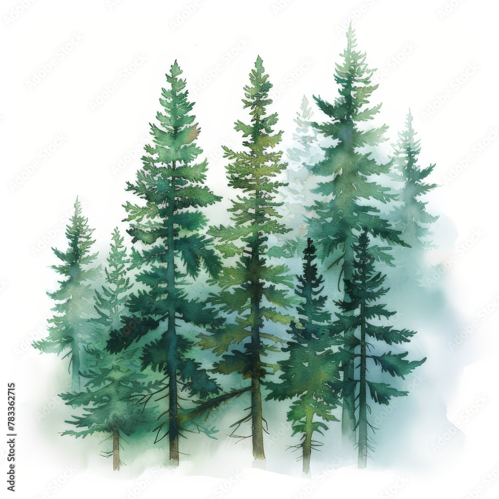 A watercolor painting of pine trees