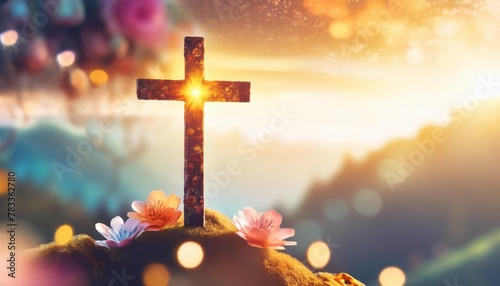 crucifixion of jesus christ abstract christian cross colorful banner easter and christian concept horizontal background copy space for text photo