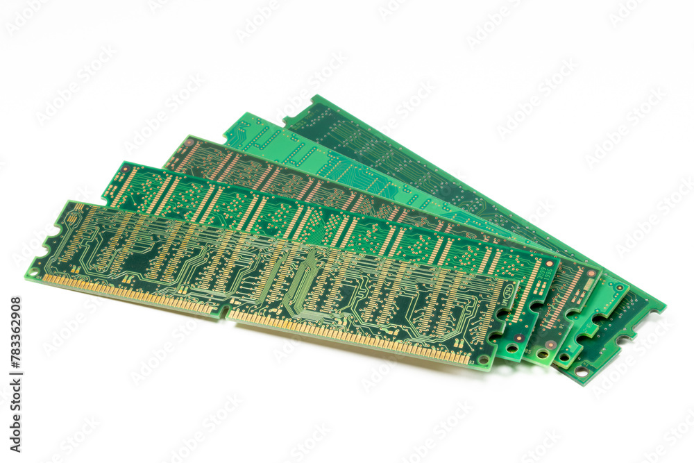 Closeup of five computer memory modules isolated on white background Closeup of five computer memory modules isolated on white background