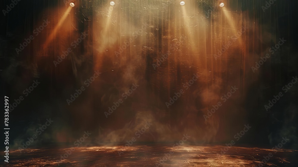 ethereal empty stage with mist fog and brown spotlights moody atmospheric background for artistic displays digital painting