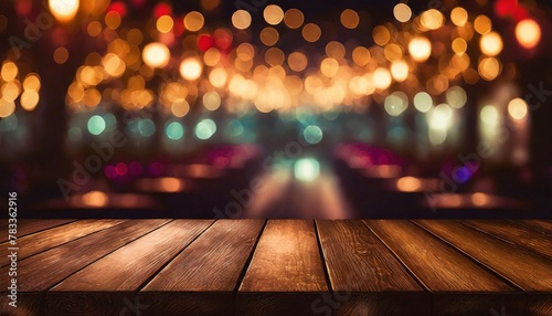 wooden table blurred bokeh background background neon light night view close up the general background of the interior a dark background