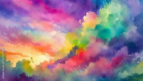 colorful watercolor background of abstract sunset sky with puffy clouds in bright rainbow colors of pink green blue yellow and purple