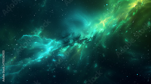a vibrant and dynamic interstellar cloud formation illuminated by starlight, showcasing a mix of green and blue hues against the backdrop of space. Nebula background. 