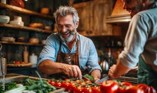 Two chefs share a laugh amidst a spread of fresh produce, highlighting the joy found in cooking with fresh ingredients.