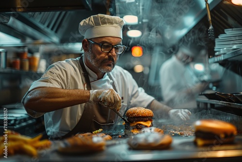 A focused chef carefully perfects gourmet burgers on a kitchen grill, amid the rush of a busy restaurant.