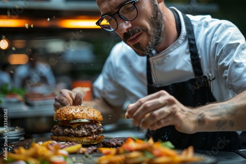 A chef attentively garnishes a burger, focusing on the details to ensure a perfect culinary creation.