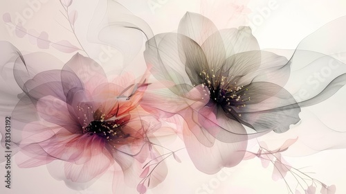 ethereal spring floral composition with delicate flowers and abstract shapes botanical art