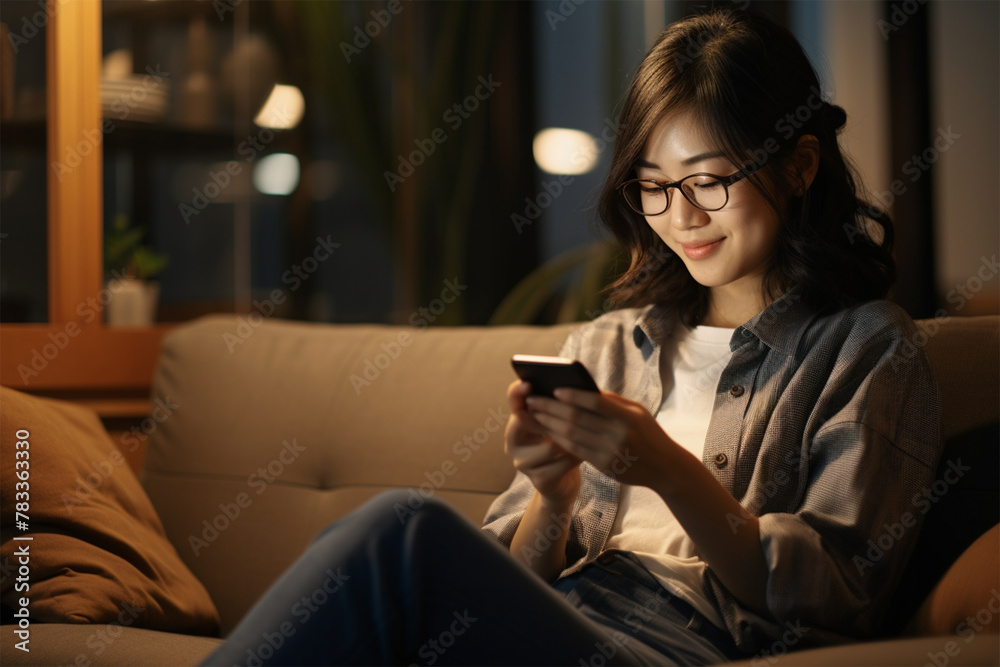 Obraz premium リビングでスマホを操作する日本人女性