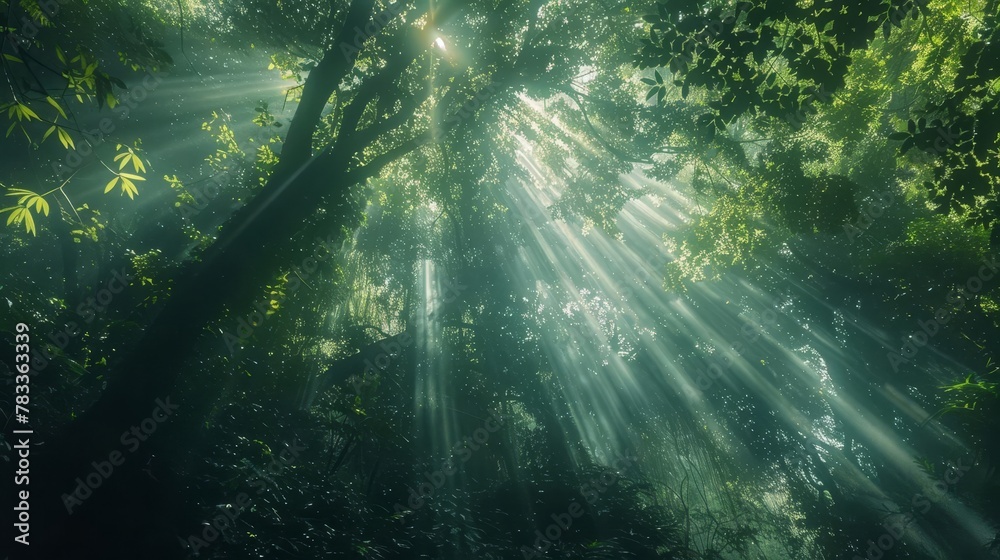 Obraz premium ethereal sun rays filtering through a lush green forest canopy nature photography