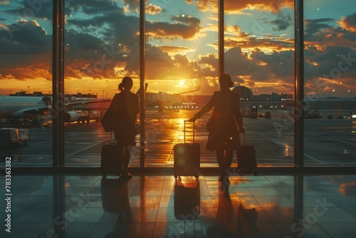 world civil aviation flight day. A couple stands at an airport window, gazing at the sunset over the runway, a scene filled with the romance of travel. photo