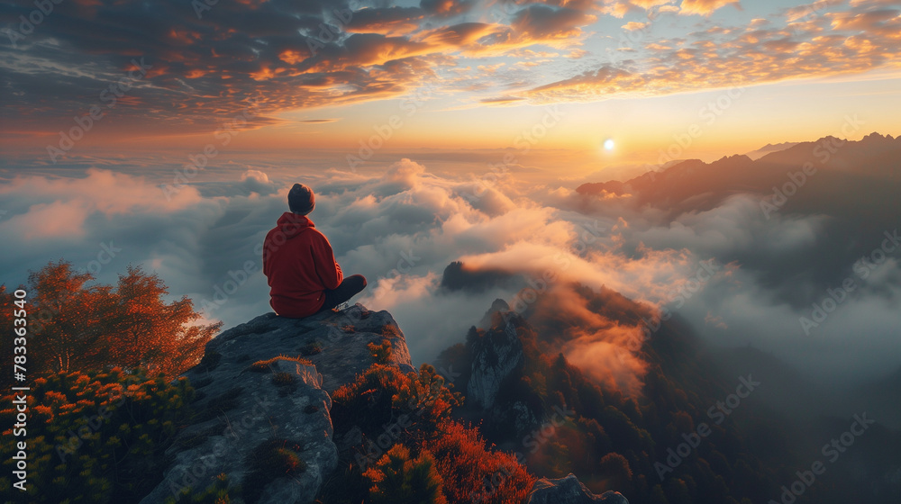 A man is sitting on a mountain top, looking out at the sunset