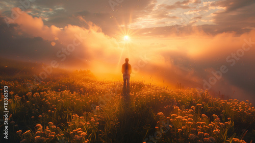 A person stands in a field of flowers, looking up at the sun