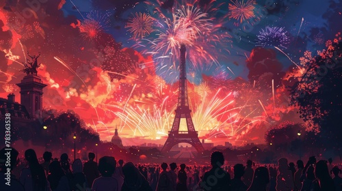 Bastille Day, A spectacular fireworks display illuminates the night sky above the Eiffel Tower, celebrating a festive occasion in Paris. photo