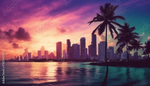 synth wave retro miami city landscape background at sunset digital illustration © Nathaniel