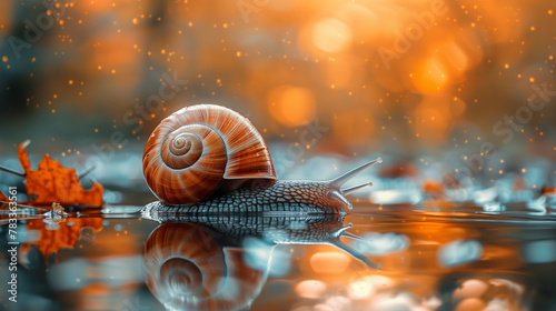 A snail is on a leaf that is floating in a pond