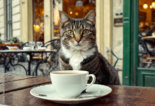 Cute cat sitting at table with served coffee cup. Animal friendly restaurants