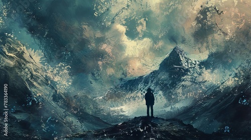 expressive textured portrait of a wanderer in a surreal nightmare mountain landscape digital painting