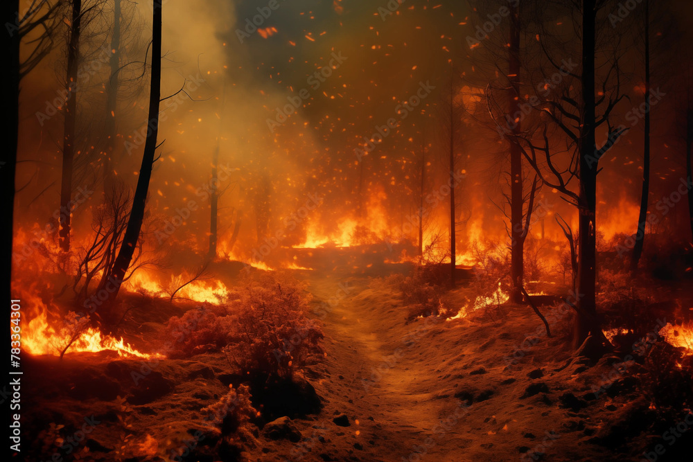 Forest fire disaster, trees burning at night, wildfire nature destruction, damaged environment caused by global warming Forest fire disaster, trees burning at night, wildfire nature destruction, damaged environment caused by global warming