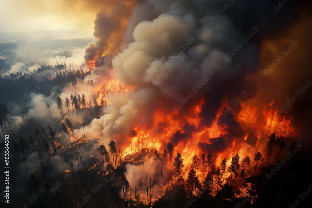 Forest fire disaster, trees burning at night, wildfire nature destruction, damaged environment caused by global warming