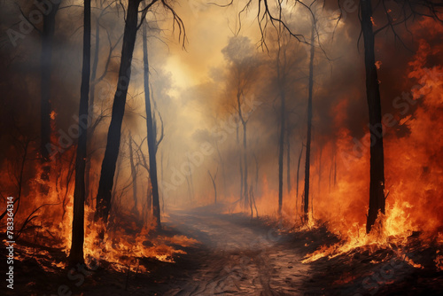Forest fire disaster, trees burning at night, wildfire nature destruction, damaged environment caused by global warming