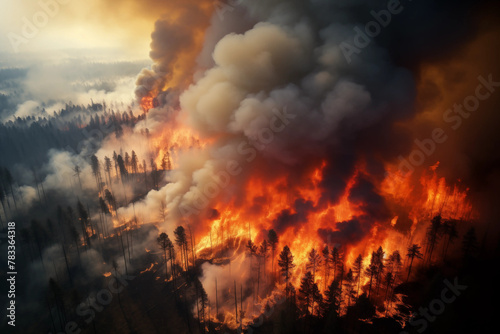 Forest fire disaster  trees burning at night  wildfire nature destruction  damaged environment caused by global warming