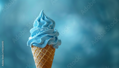 Blueberry Ice cream cone close-up. light blue Ice cream scoop in waffle cone over blue background. Strawberry or raspberry flavor Sweet dessert decorated with colorful sprinkles, closeup Copy space